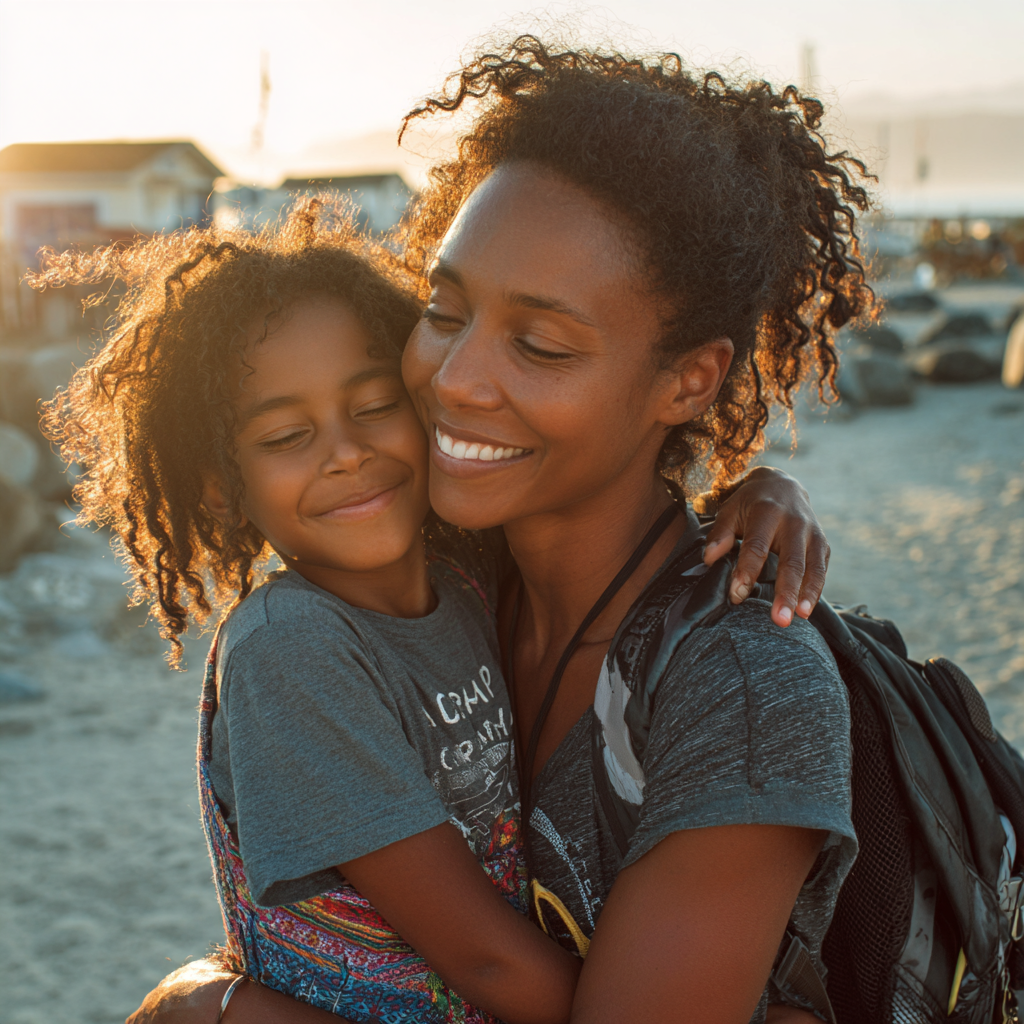 Mère africaine et son enfant sur la plage