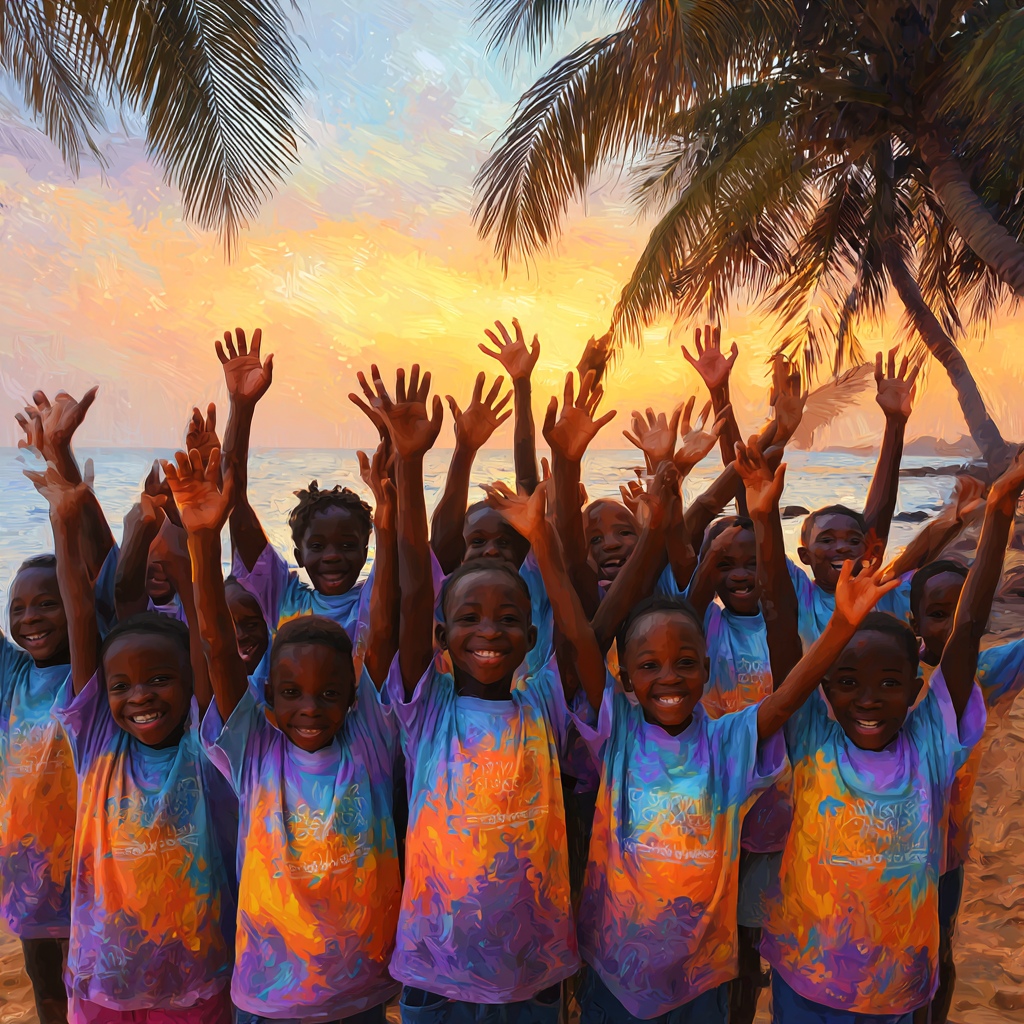 Groupe d'enfants africains joyeux au camp