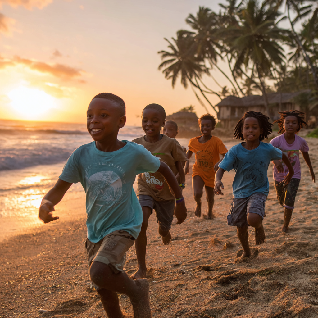 Enfants courant sur la plage de Grand-Popo au coucher du soleil
