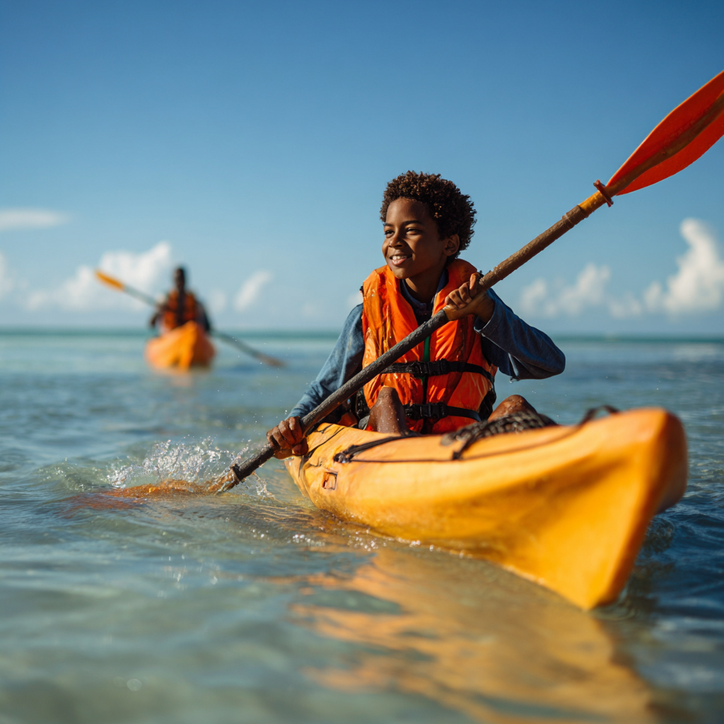 Enfant en kayak sur l'océan